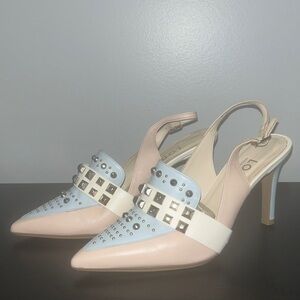 LODI Silver Studded Slingback Leather Pumps Baby Pink Blue Size 38 EUC or 7.5